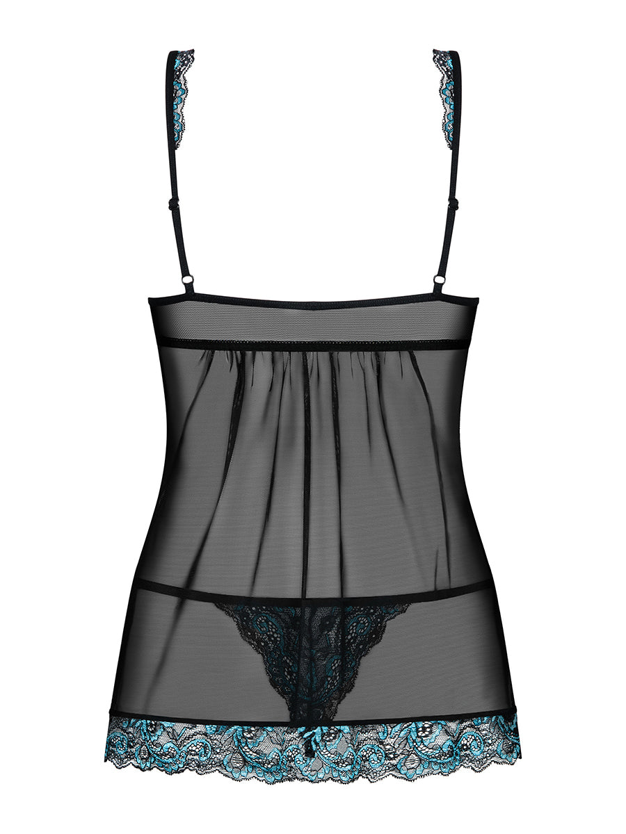 Amanta Romantic Babydoll & Thong - Black and Turquoise
