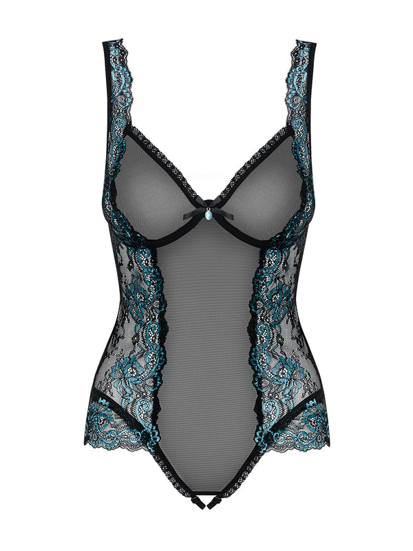 Obsessive Amanta Subtle Crotchless Teddy - Black and Turquoise