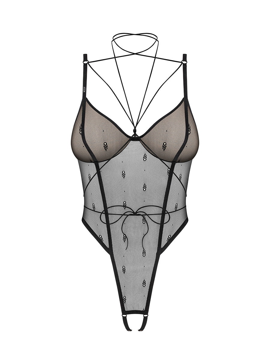 Anniverse Sepcial Crotchless Teddy and Harness - Black