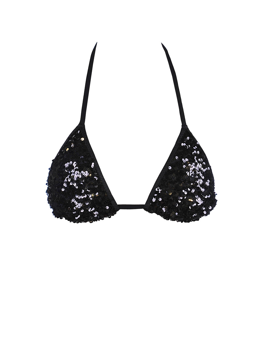 Axami black luminous sequined bikini top with removable pads and string ties