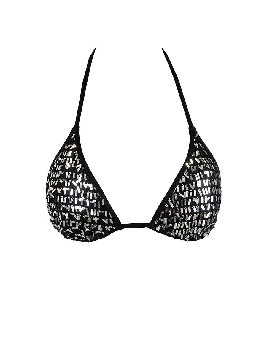 Axami black and silver sequined triangle bikini top with adjustable halter ties