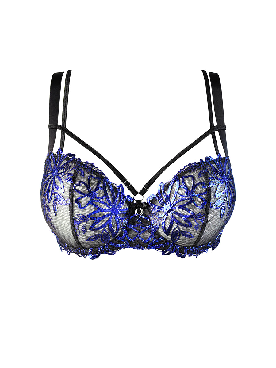 Axami Brillance unlined soft bra with black and shimmering blue embroidery and architectural chest straps