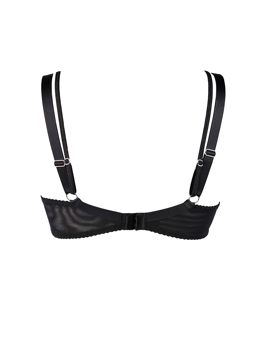 Axami Brillance unlined soft bra with black and shimmering blue embroidery and architectural chest straps
