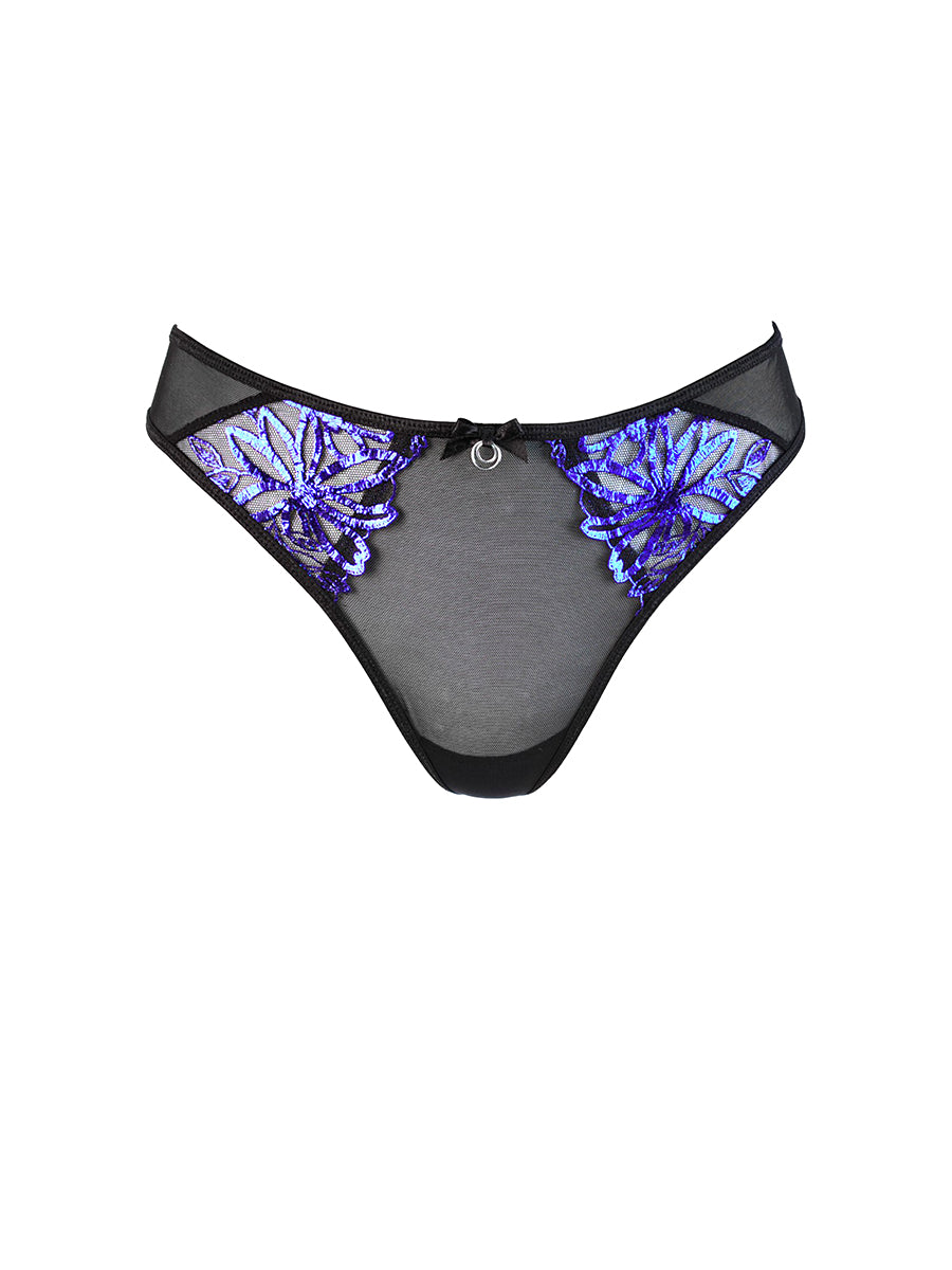 Axami Brillance string panty with shimmering blue-black lace and a central metal ring detail