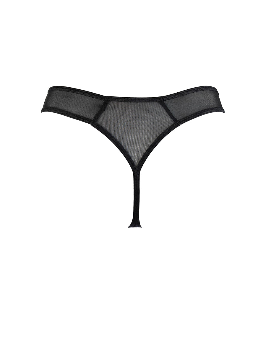Axami Brillance string panty with shimmering blue-black lace and a central metal ring detail