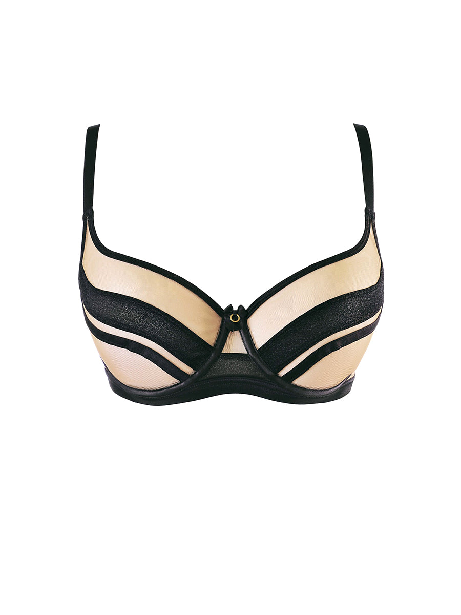 Axami unlined black tulle bra with an elastic beige back intersected by black satin ribbons