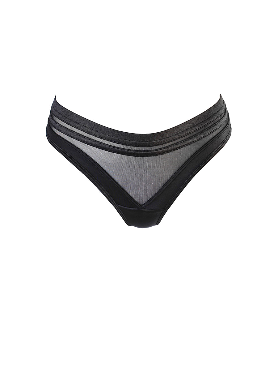 Axami black and beige brasiliana thong featuring graphic black string details and a sheer tulle back