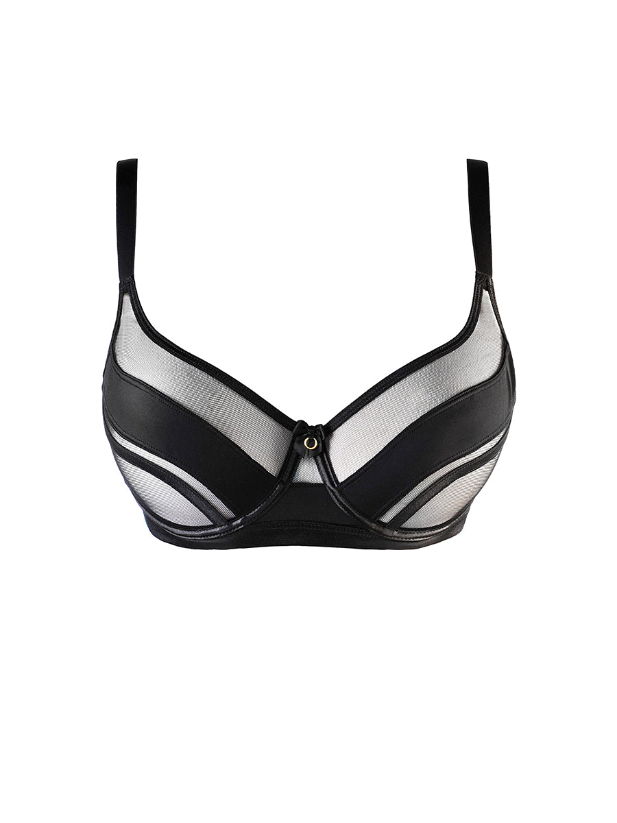 Axami sheer black tulle soft bra featuring a beige mesh back intersected by graphic black satin straps