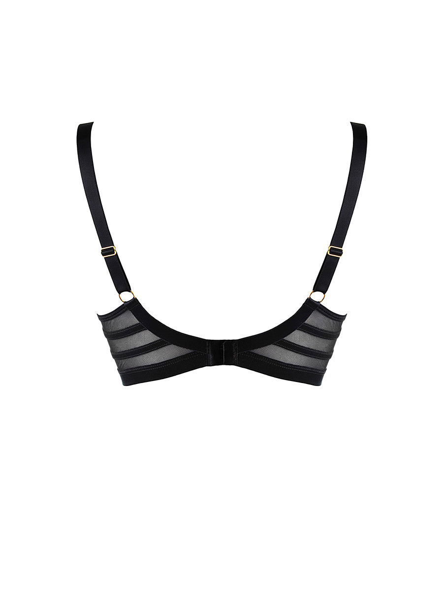 Axami sheer black tulle soft bra featuring a beige mesh back intersected by graphic black satin straps