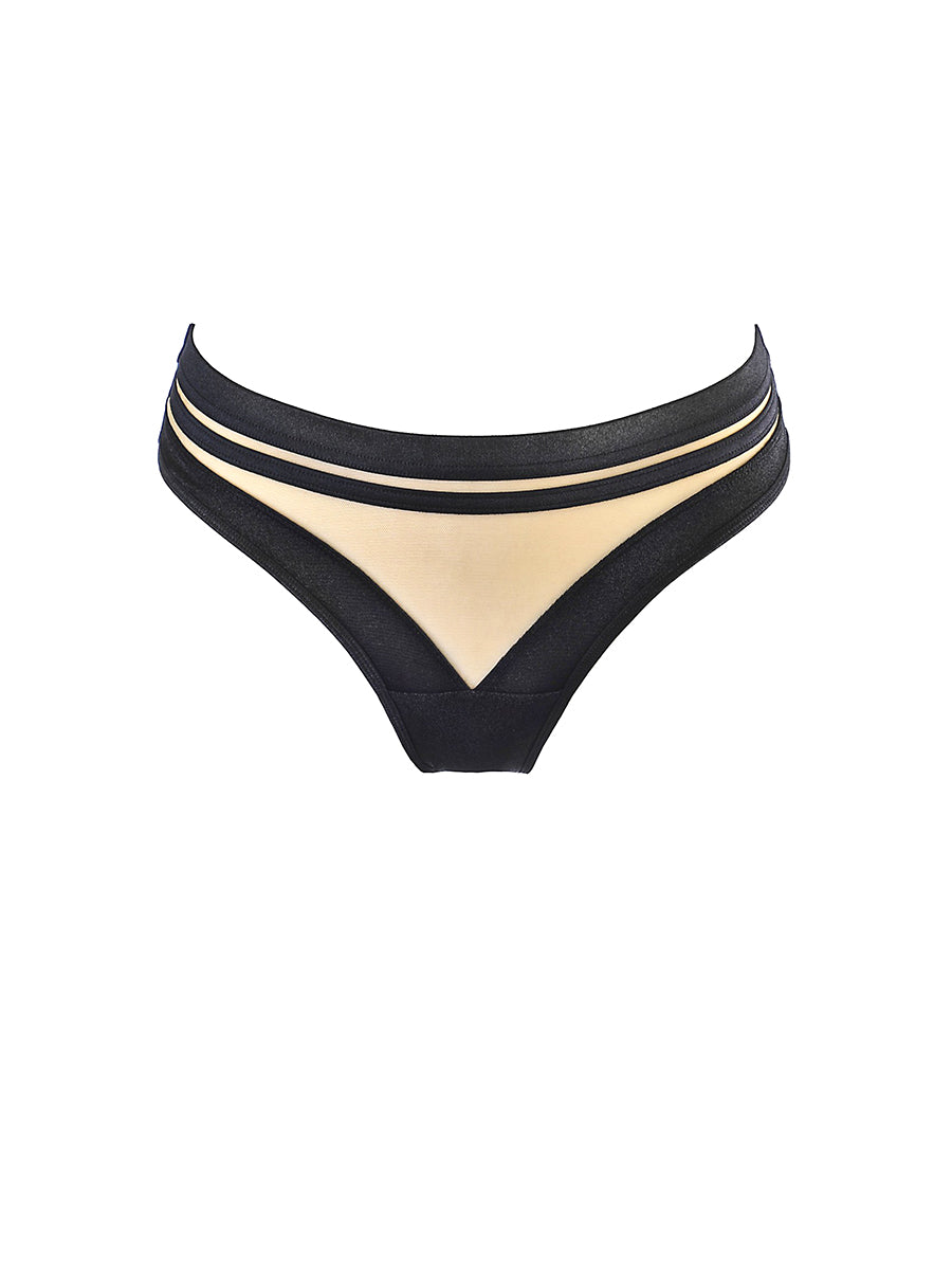 Axami beige and black brasiliana thong panty with a sheer tulle back