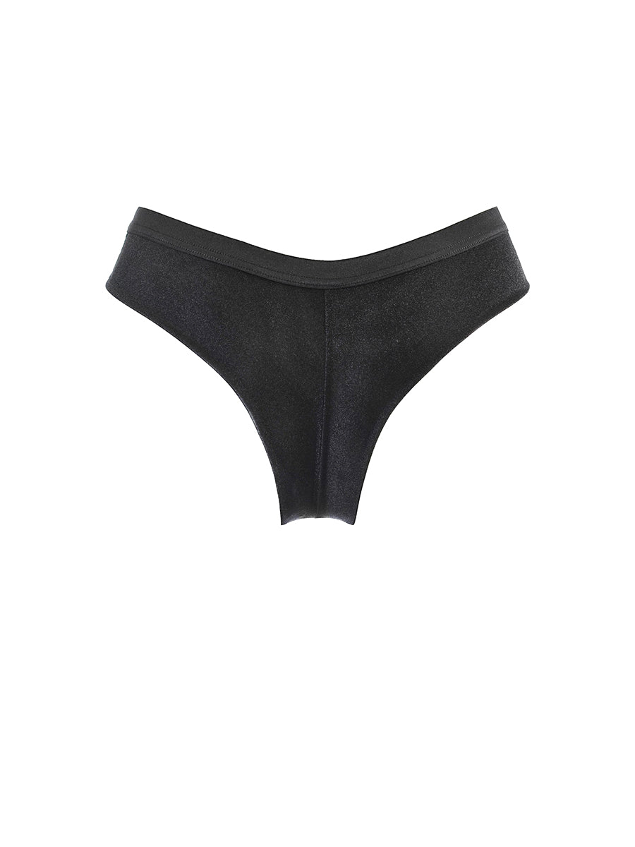 Axami beige and black brasiliana thong panty with a sheer tulle back