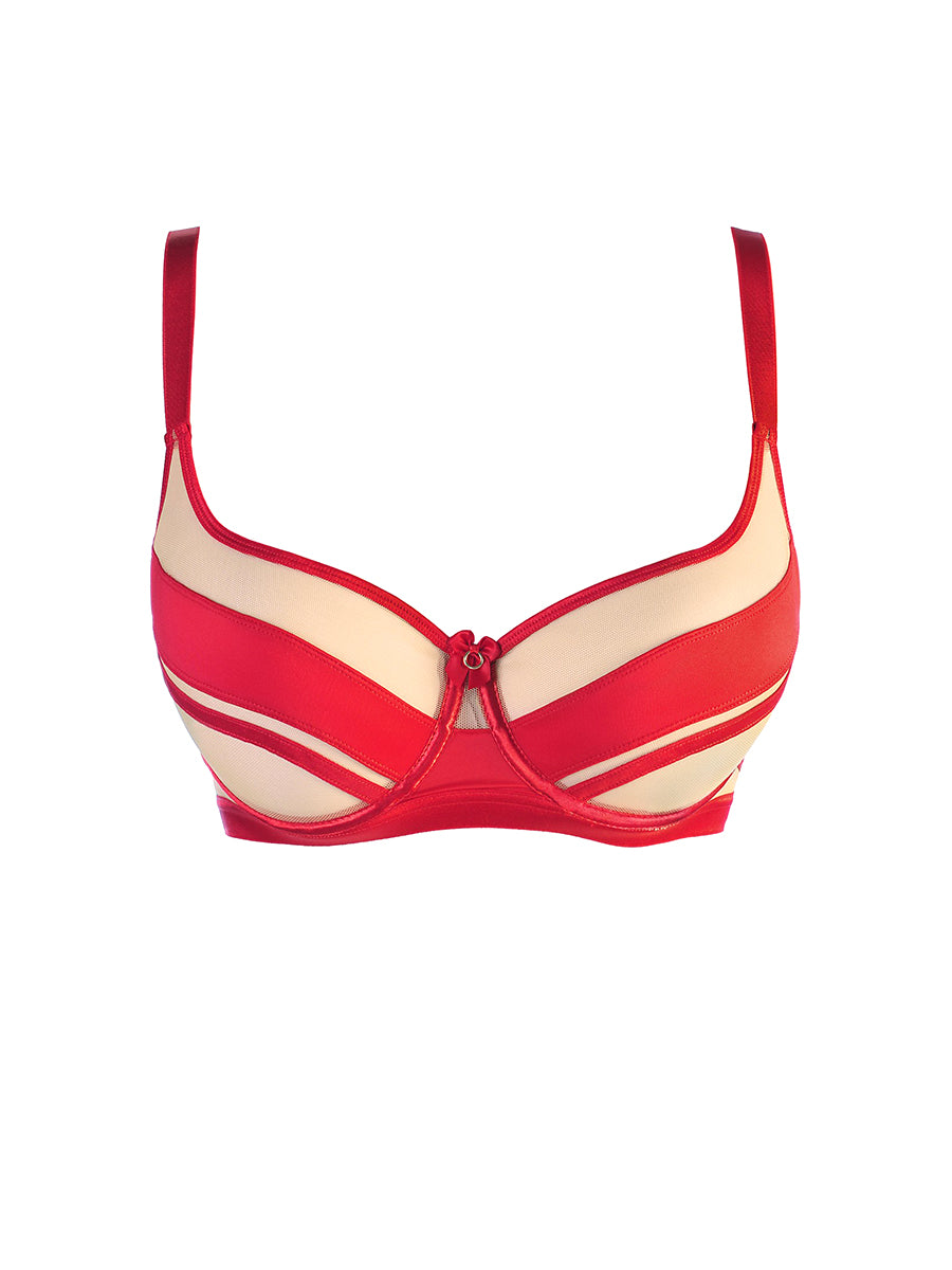 Axami unlined crimson red tulle soft bra featuring architectural satin stripes and gold hardware