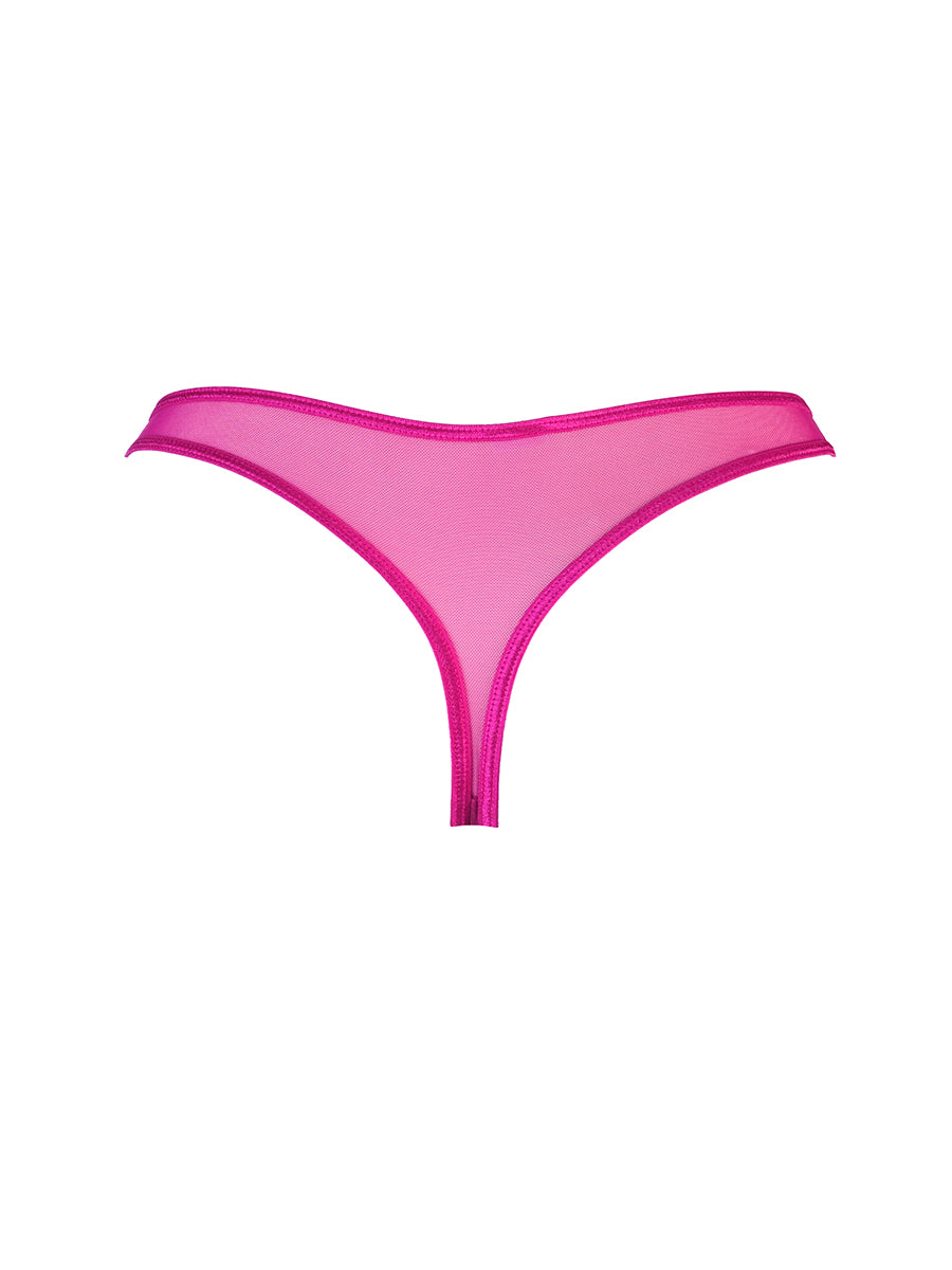 Back view of an Axami fuchsia luxury thong showing decorative straps and sheer mesh