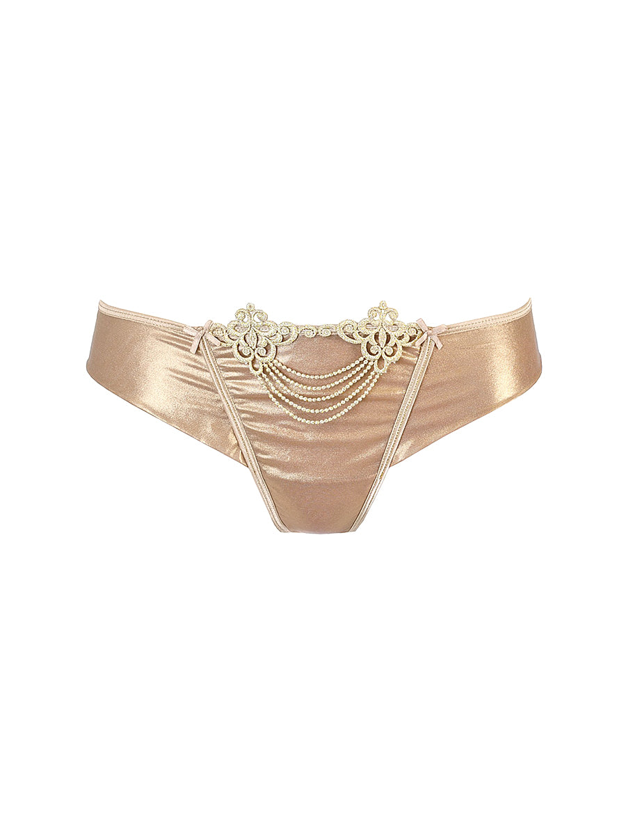 Axami luxury embroidered string panty with sheer mesh and radiant gold floral details