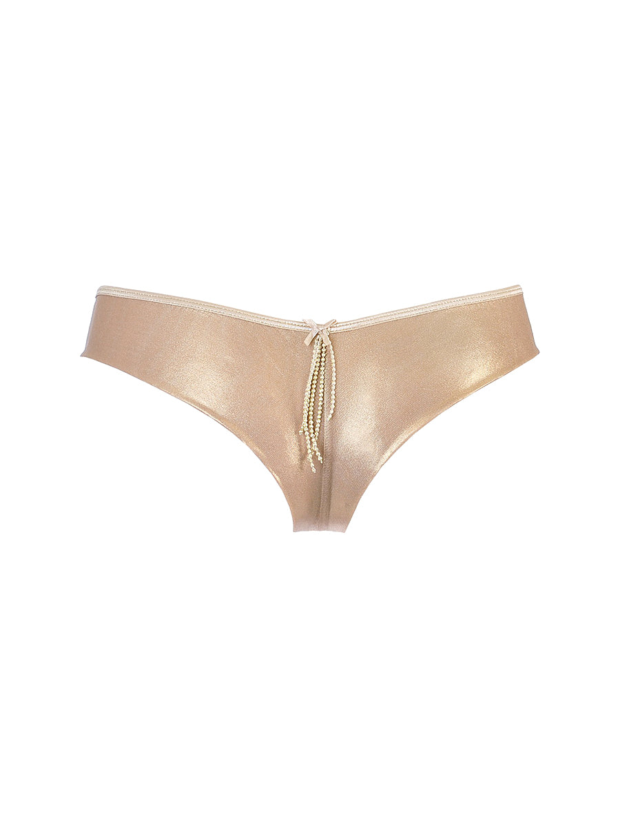 Minimalist sheer thong with tactile gold embroidery, showcasing Axami European craftsmanship