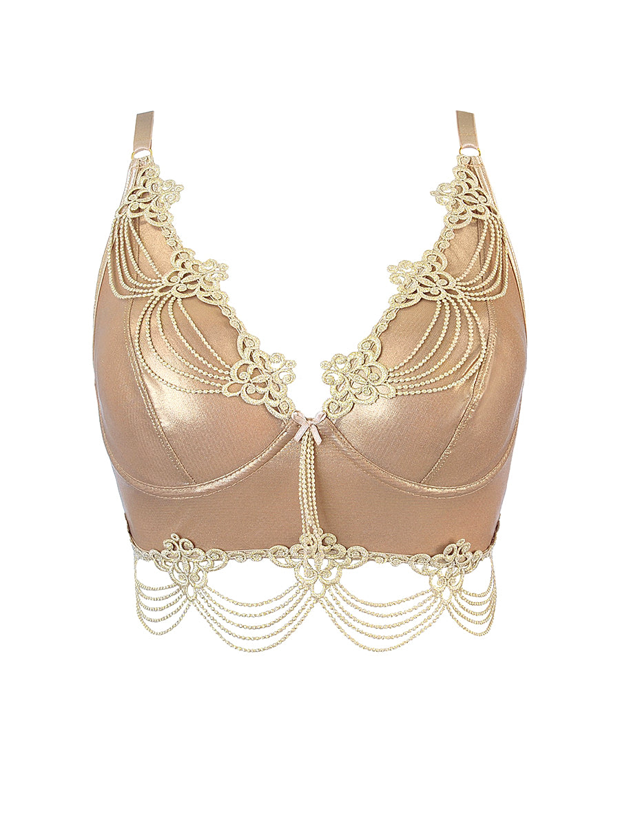 Close-up of exclusive European gold embroidery on an Axami sheer semi-corset bra