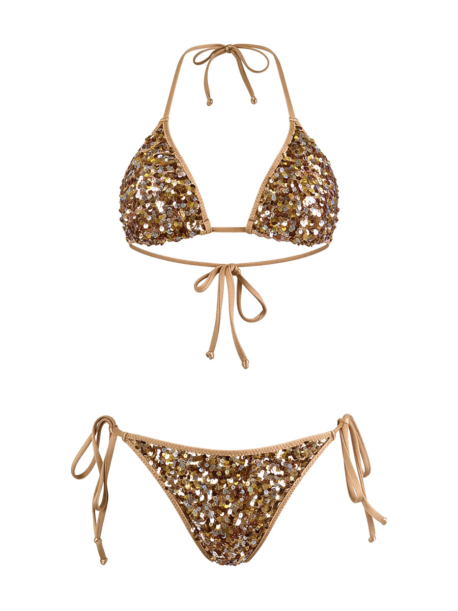 Axami golden sequined halter bikini top with removable structural padding
