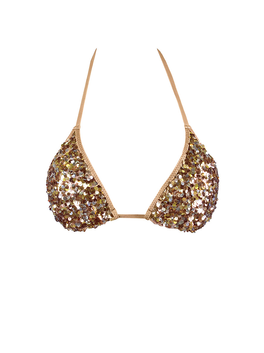 Axami golden sequined halter bikini top with removable structural padding