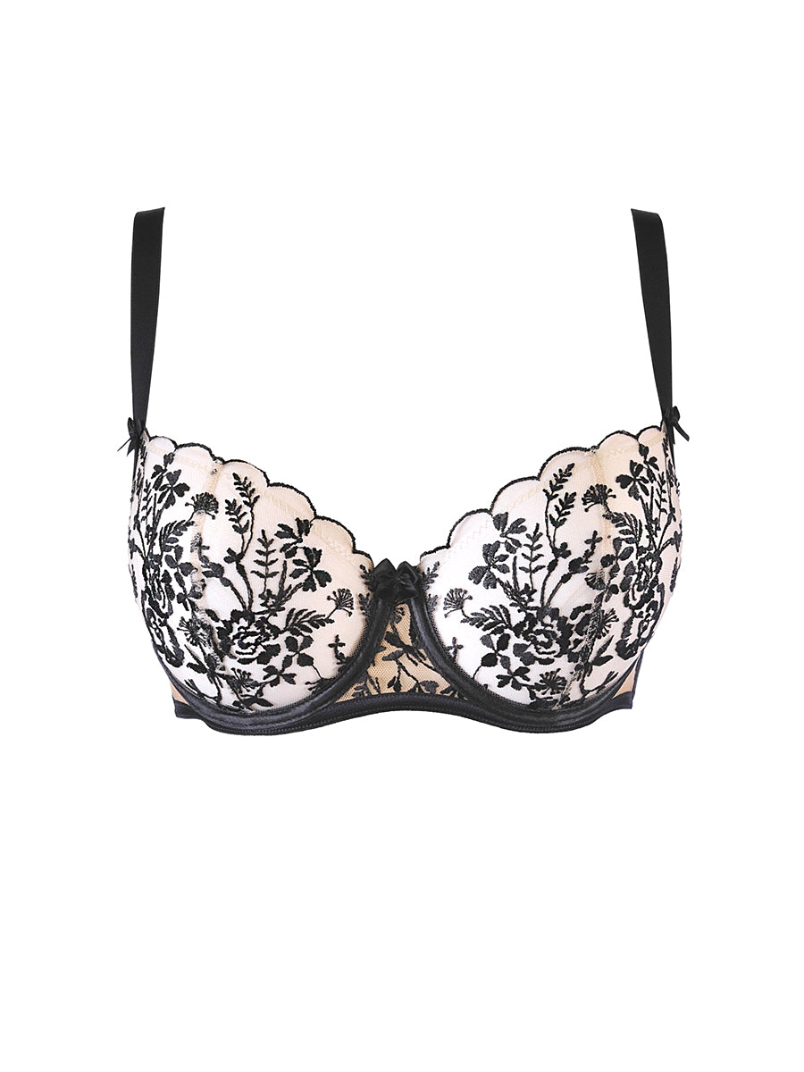 Axami Just Like Heaven V-10801 soft unlined bra with elegant black floral embroidery on nude mesh