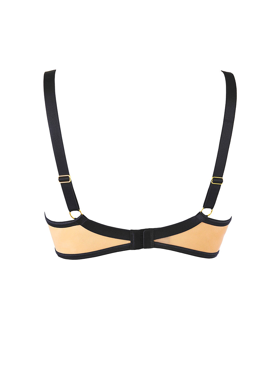 Axami Just Like Heaven V-10801 soft unlined bra with elegant black floral embroidery on nude mesh