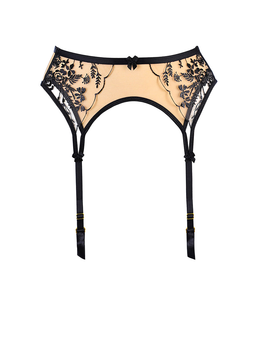 Axami Just Like Heaven V-10802 soft garter belt lined with nude tulle and black floral patterns