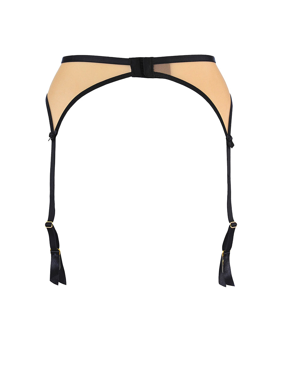 Axami Just Like Heaven V-10802 soft garter belt lined with nude tulle and black floral patterns