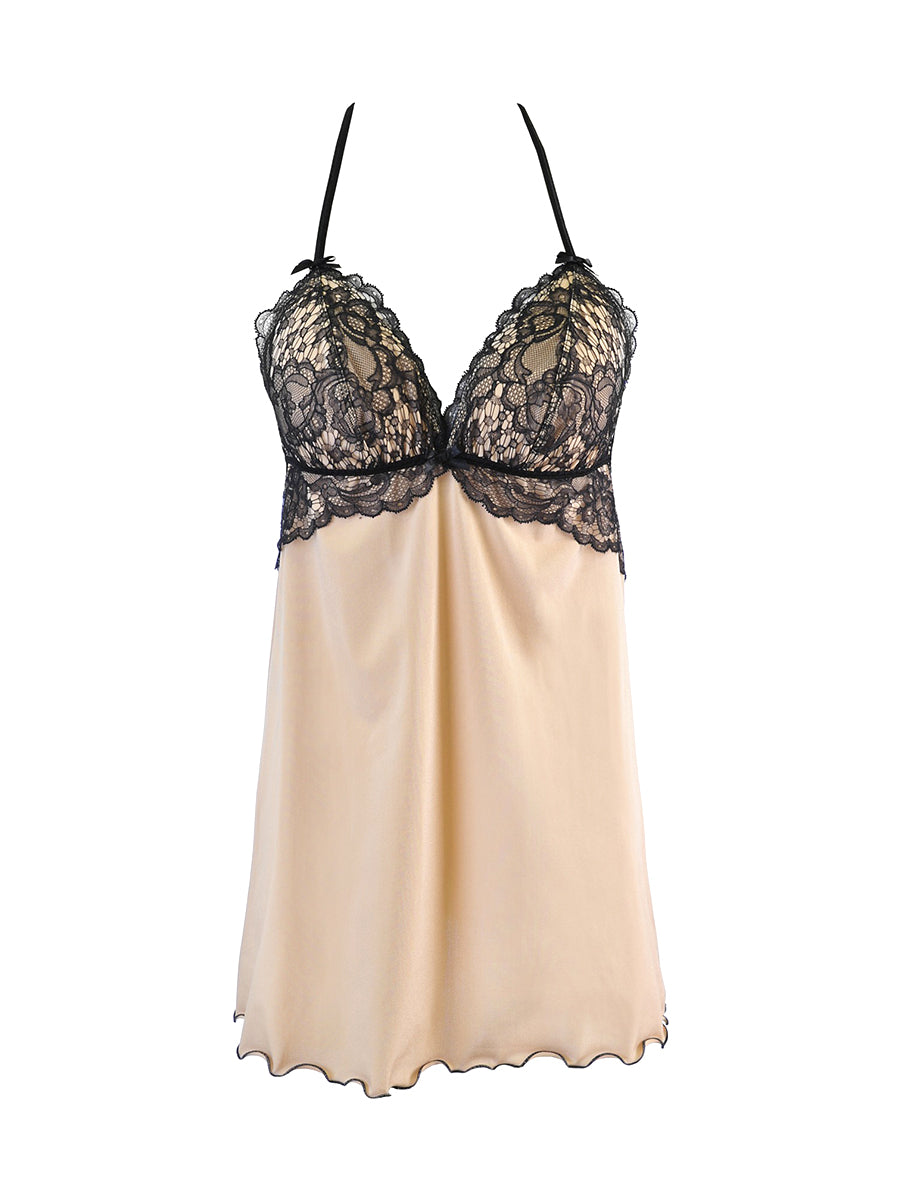 Axami wire-free babydoll chemise in mocha beige microfiber and black lace with a matching thong