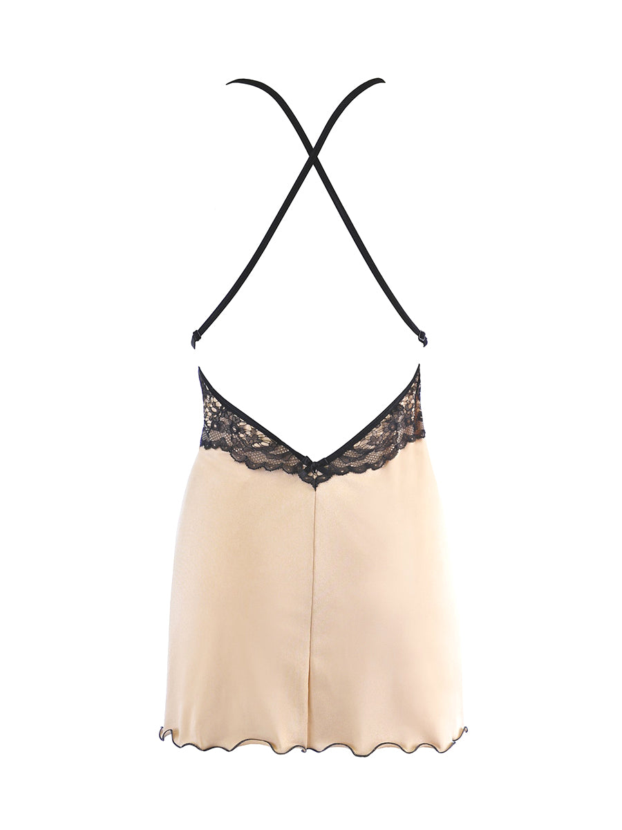 Axami wire-free babydoll chemise in mocha beige microfiber and black lace with a matching thong