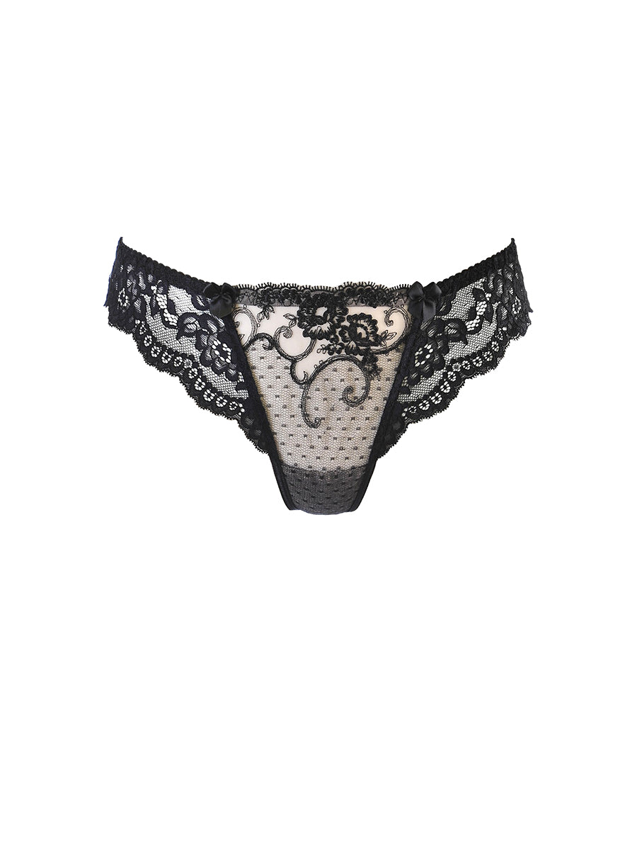 Axami black lace brasiliana thong with classic floral embroidery and a sheer lace back