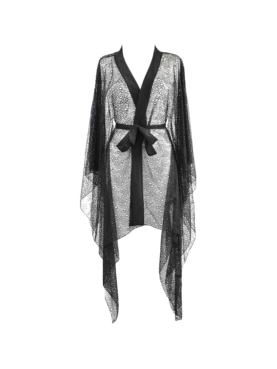 Axami sheer black lace peignoir robe with an adjustable tulle tie