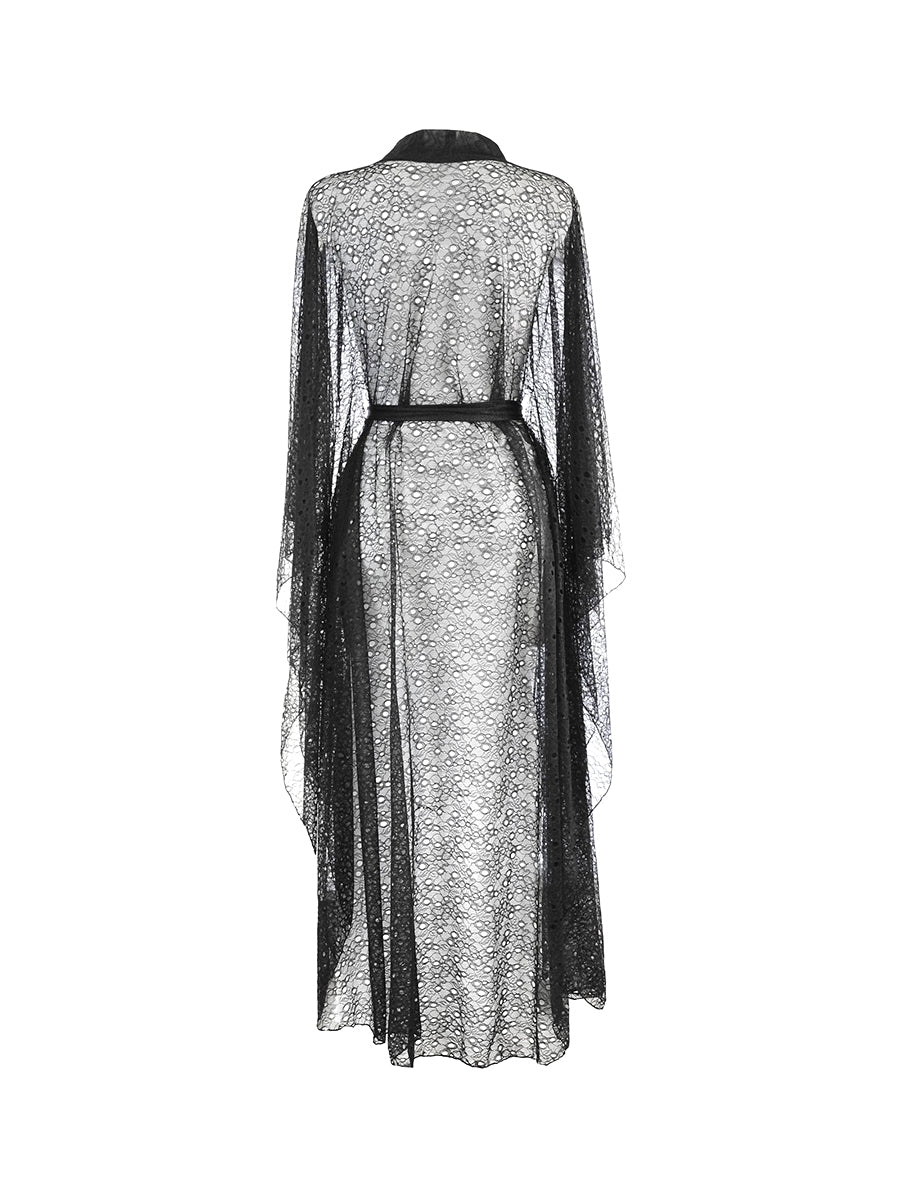 Axami sheer black lace peignoir robe with an adjustable tulle tie