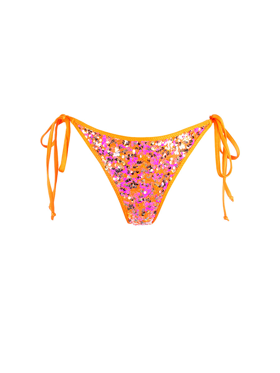 Axami orange sequined cheeky bikini bottom with high-tension side strings.