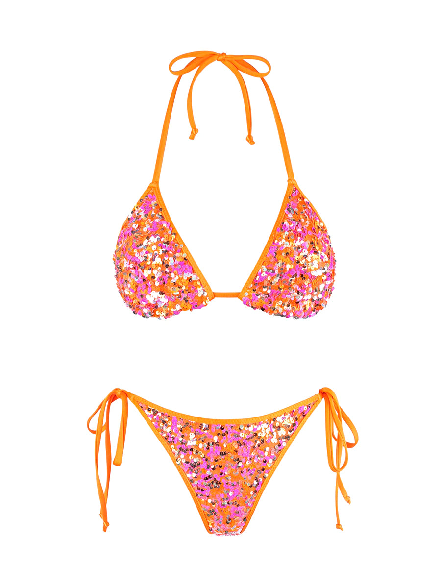 Axami orange shimmering sequined triangle bikini top with high-recovery fabric