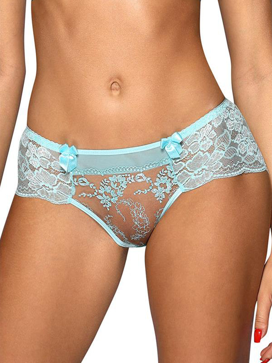 Axami blue sheer lace brief panty with a central shimmering embroidery insert.