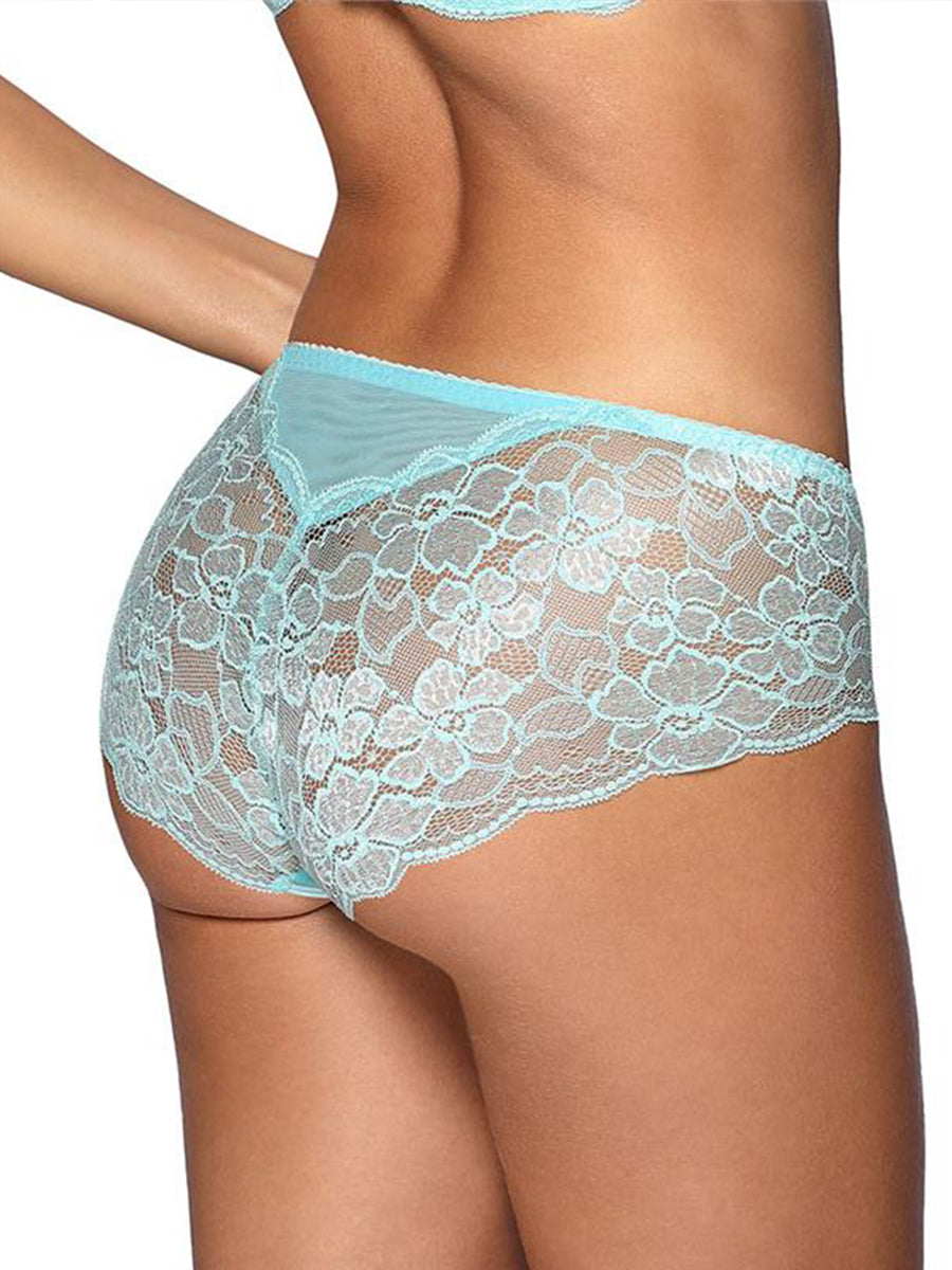 Axami blue sheer lace brief panty with a central shimmering embroidery insert.