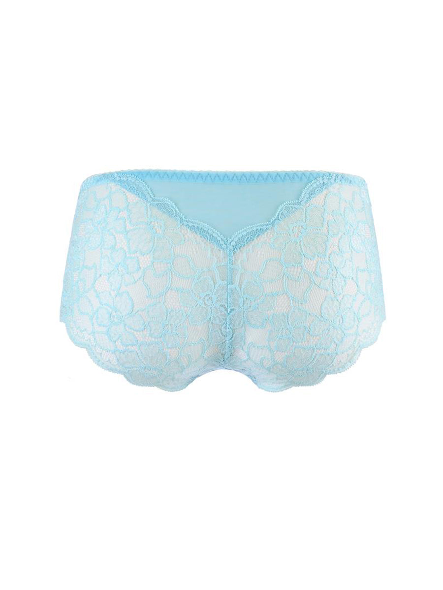 Axami blue sheer lace brief panty with a central shimmering embroidery insert.