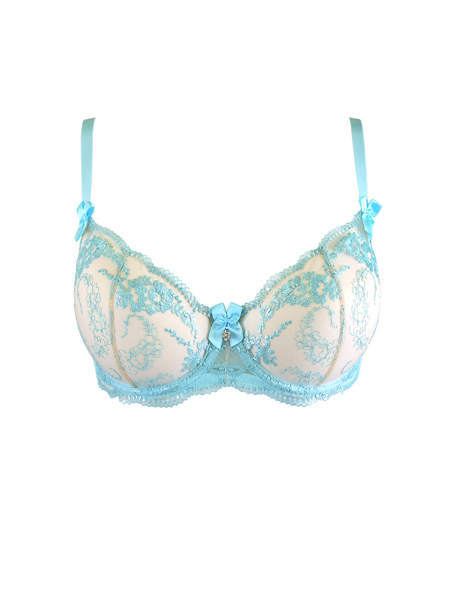Axami unlined blue soft bra crafted from transparent floral embroidery and sheer lace.