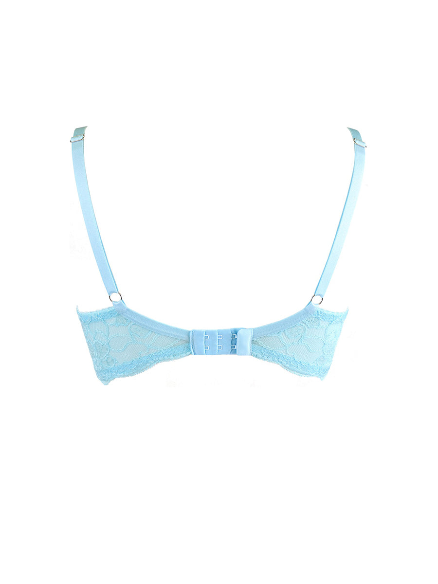 Axami unlined blue soft bra crafted from transparent floral embroidery and sheer lace.