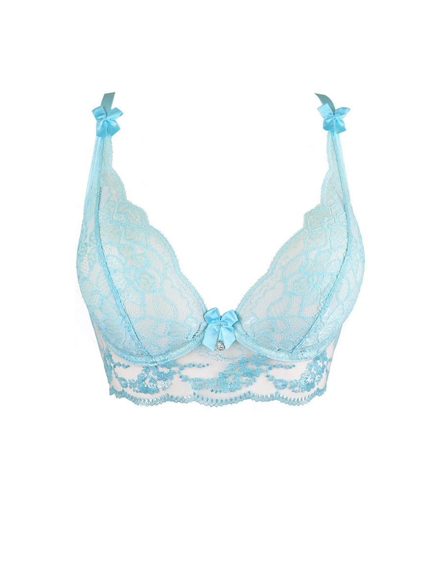 Axami blue sheer lace longline soft bra with shimmering embroidery and structural side boning.