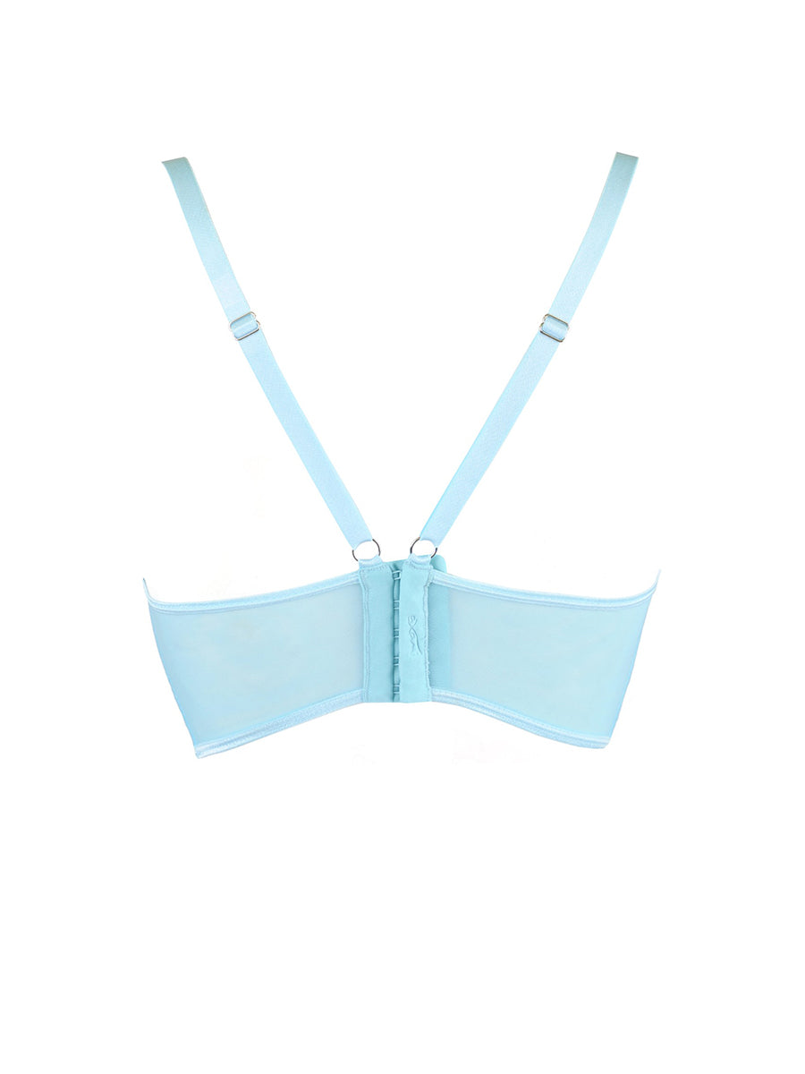 Axami blue sheer lace longline soft bra with shimmering embroidery and structural side boning.