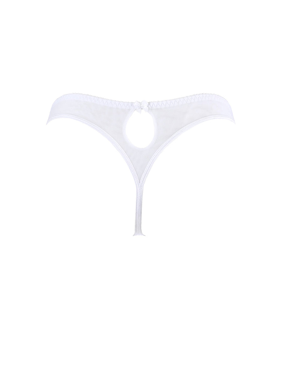 Axami white lace string thong featuring an architectural round cutout detail at the back.