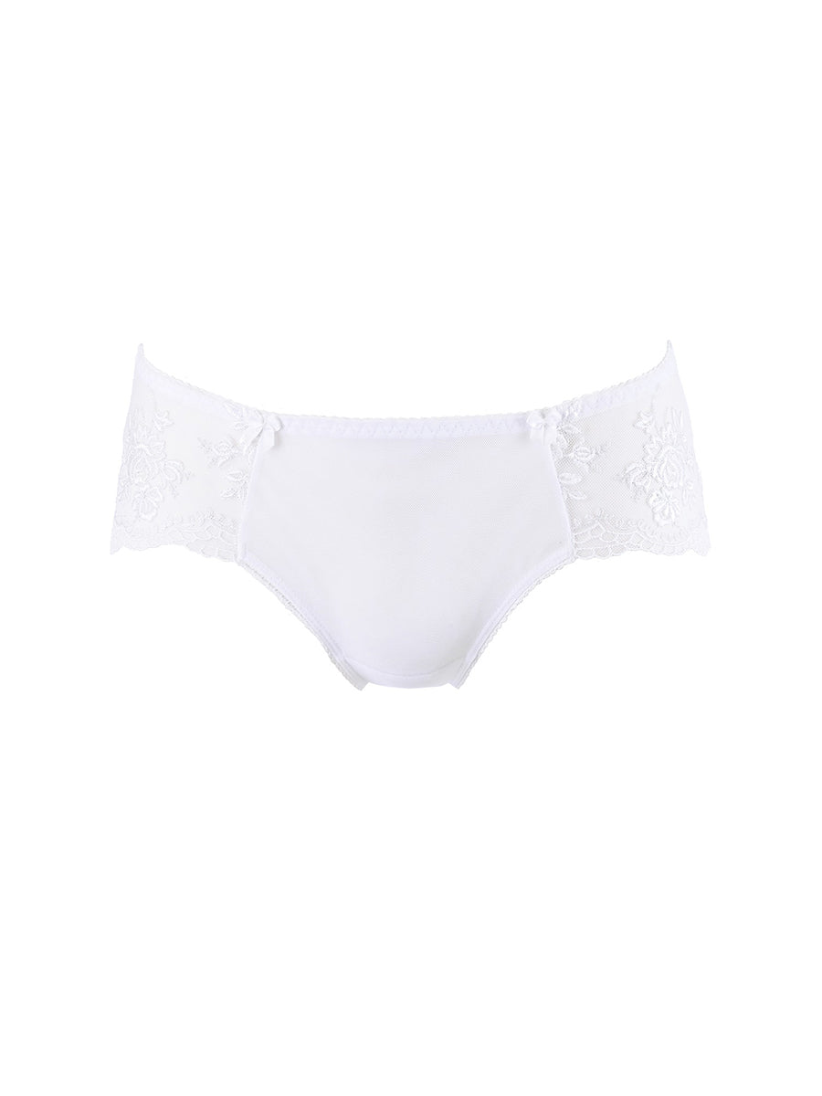 Axami white mid-coverage brief panty combining a floral lace front with a seamless sheer tulle back.