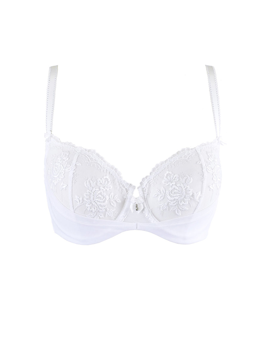 Axami unlined white floral lace bra featuring a dropped center gore and structural underwire.