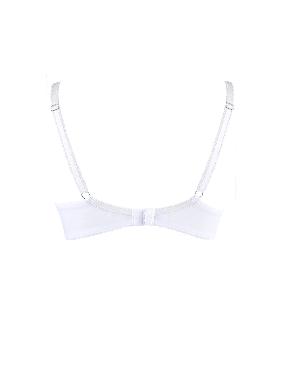 Axami unlined white balconette bra featuring architectural seaming, silver-threaded straps, and a central zircon detail.