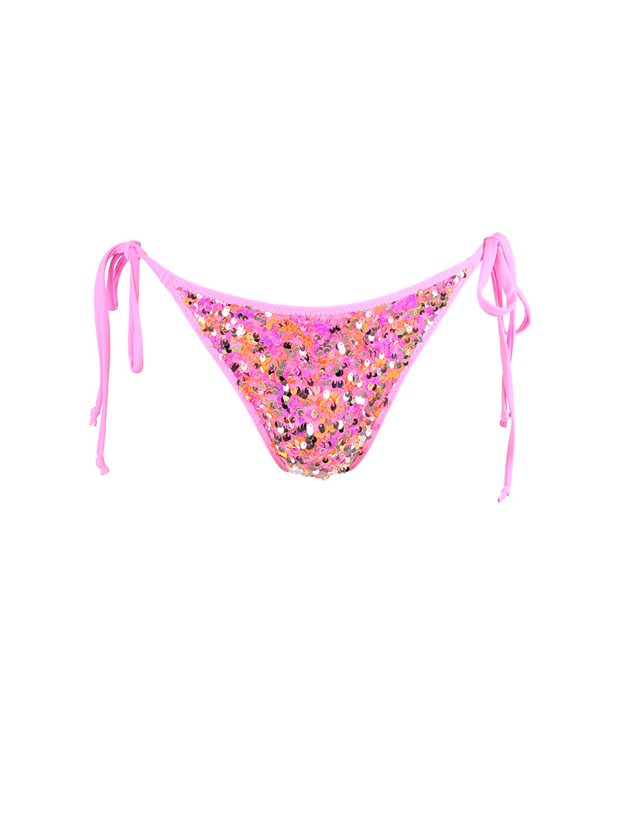 Axami pink sequined cheeky bikini bottom with ruched scrunch detail.