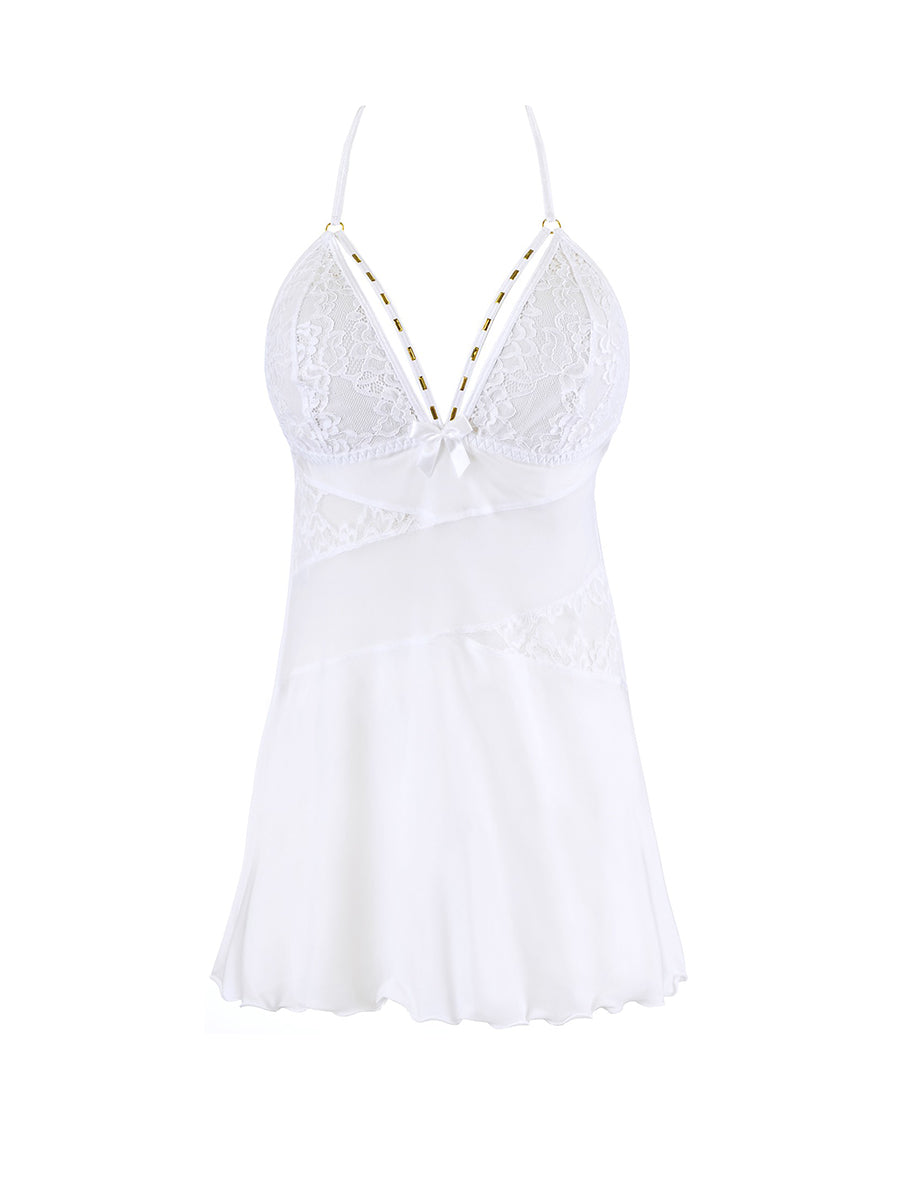 Axami flexible microfiber babydoll with lace inserts, architectural neckline stripes, and matching panty