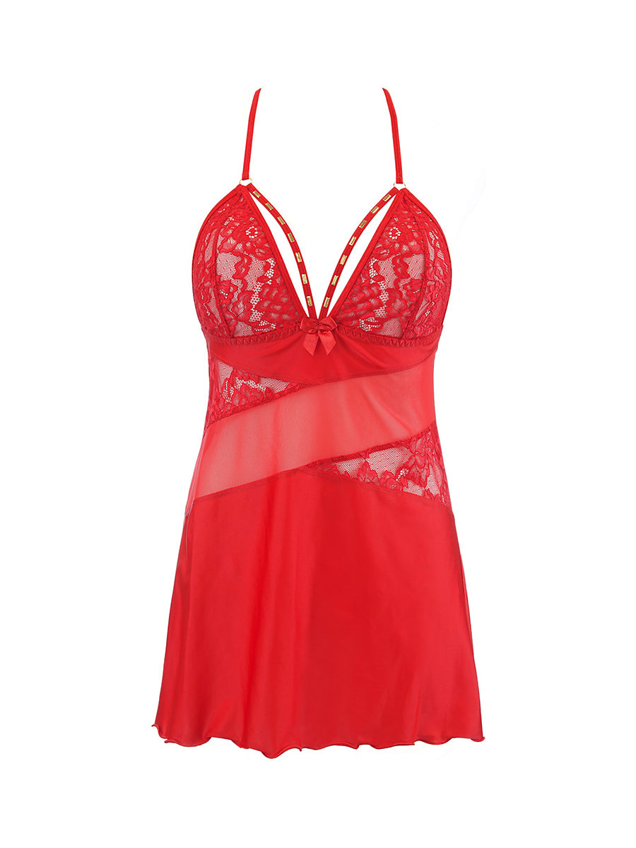 Axami flexible microfiber babydoll with lace inserts, architectural neckline stripes, and matching panty