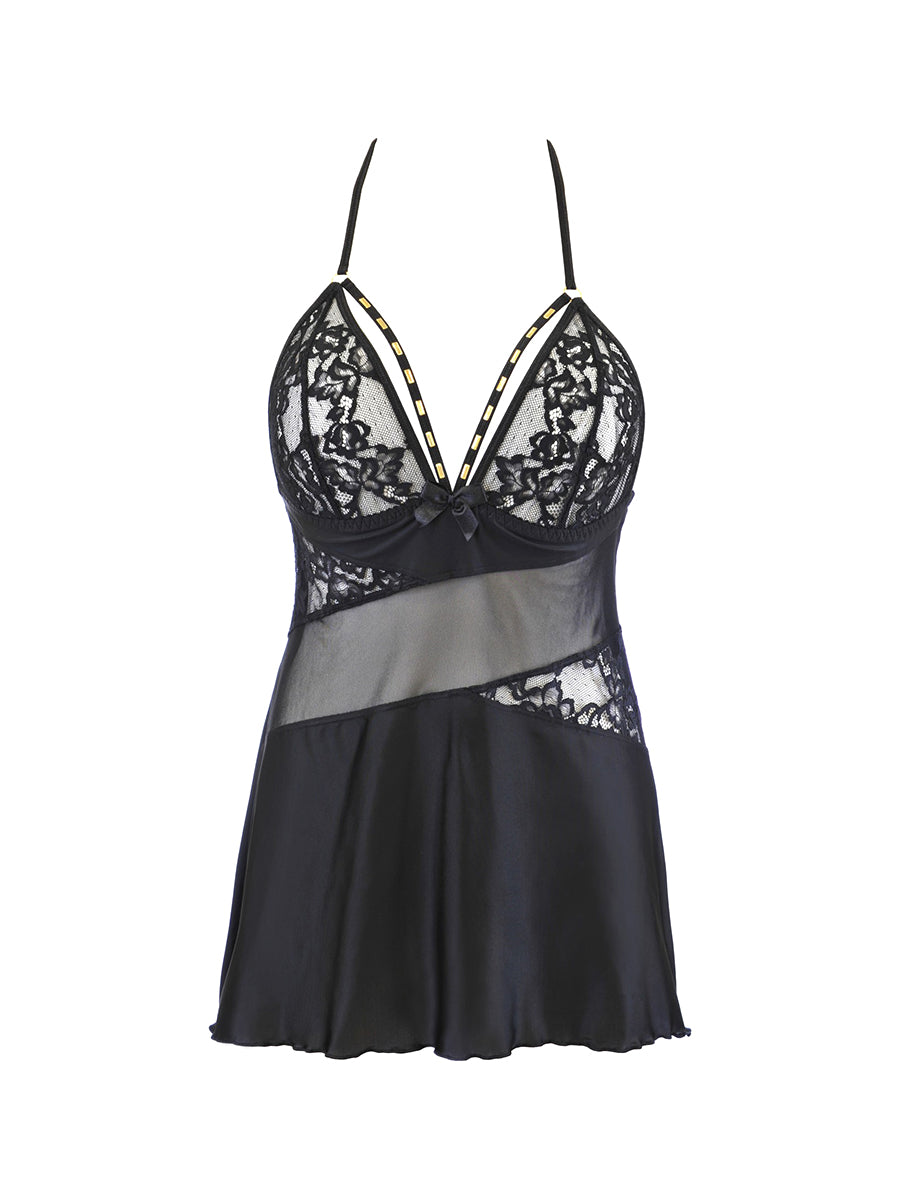 Axami flexible microfiber babydoll with lace inserts, architectural neckline stripes, and matching panty
