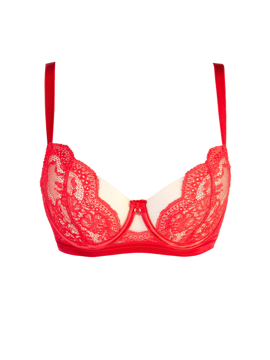 Axami Seductive Diva V-10721 vibrant red lace bra with light tulle cups and gold hooks