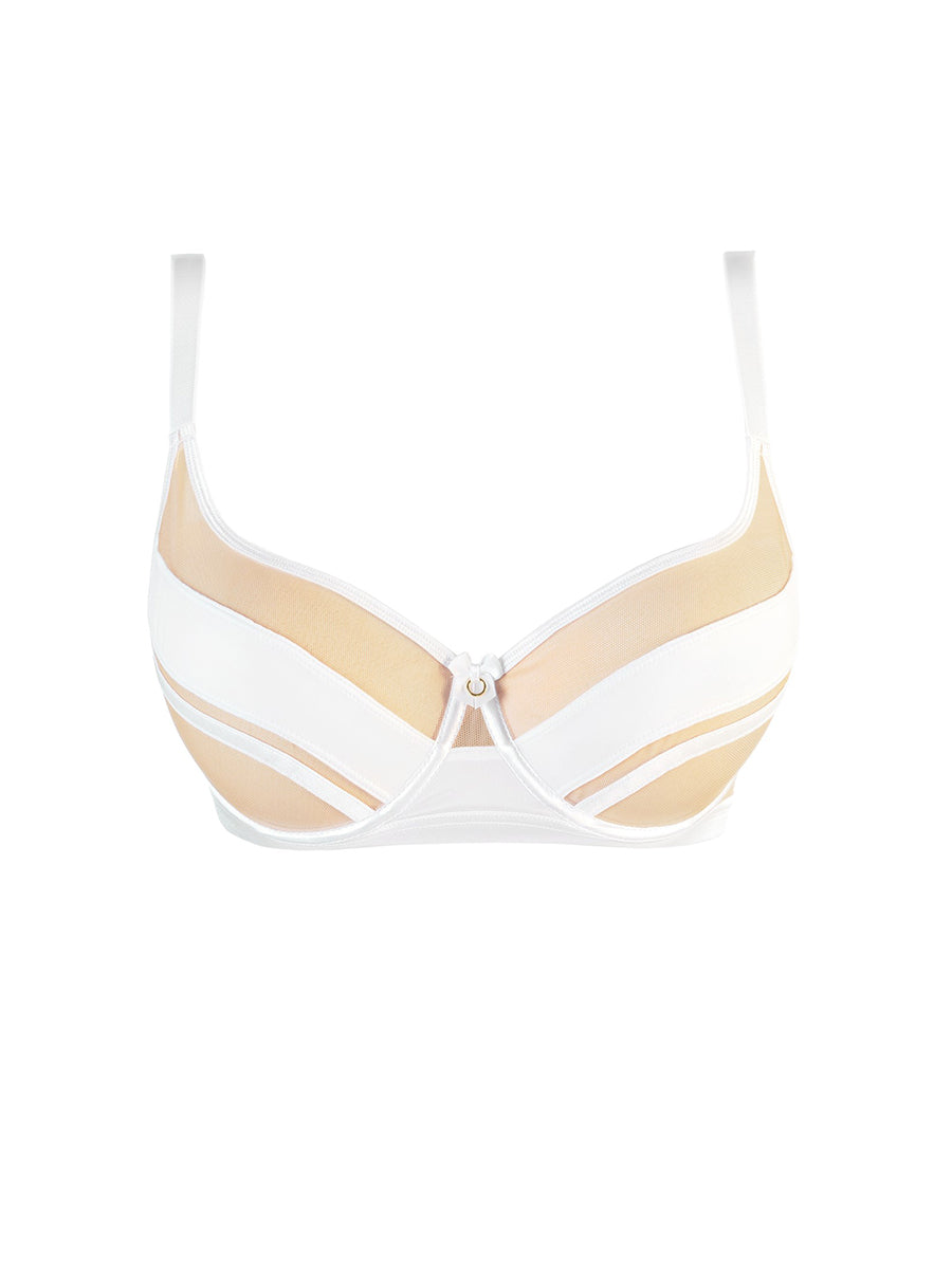 Axami white soft bra featuring sheer tulle cups and architectural satin ribbon strapping